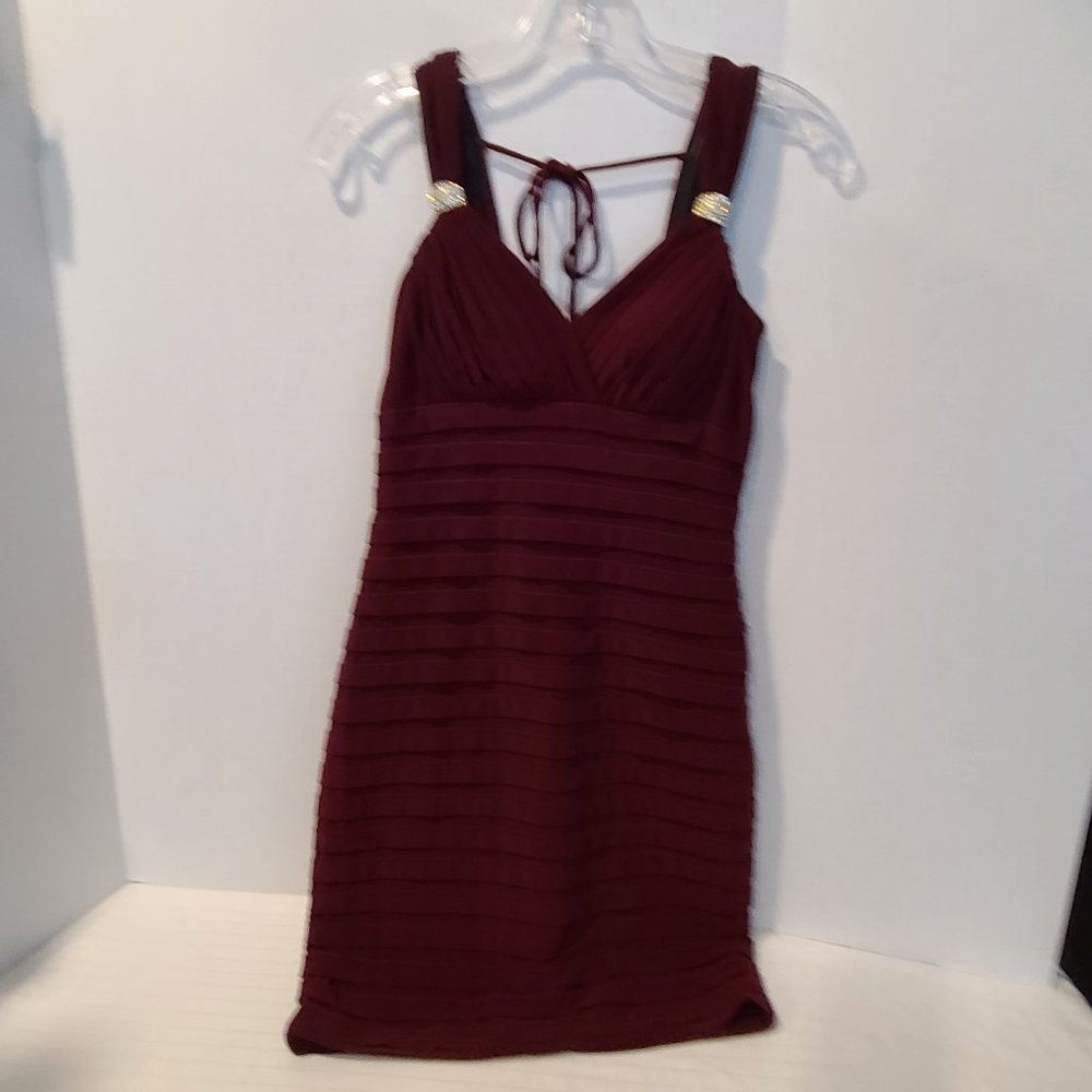 Cache Pleated Bodycon Dress Size 4-Wine color-Rhinestone/Gold strap detail